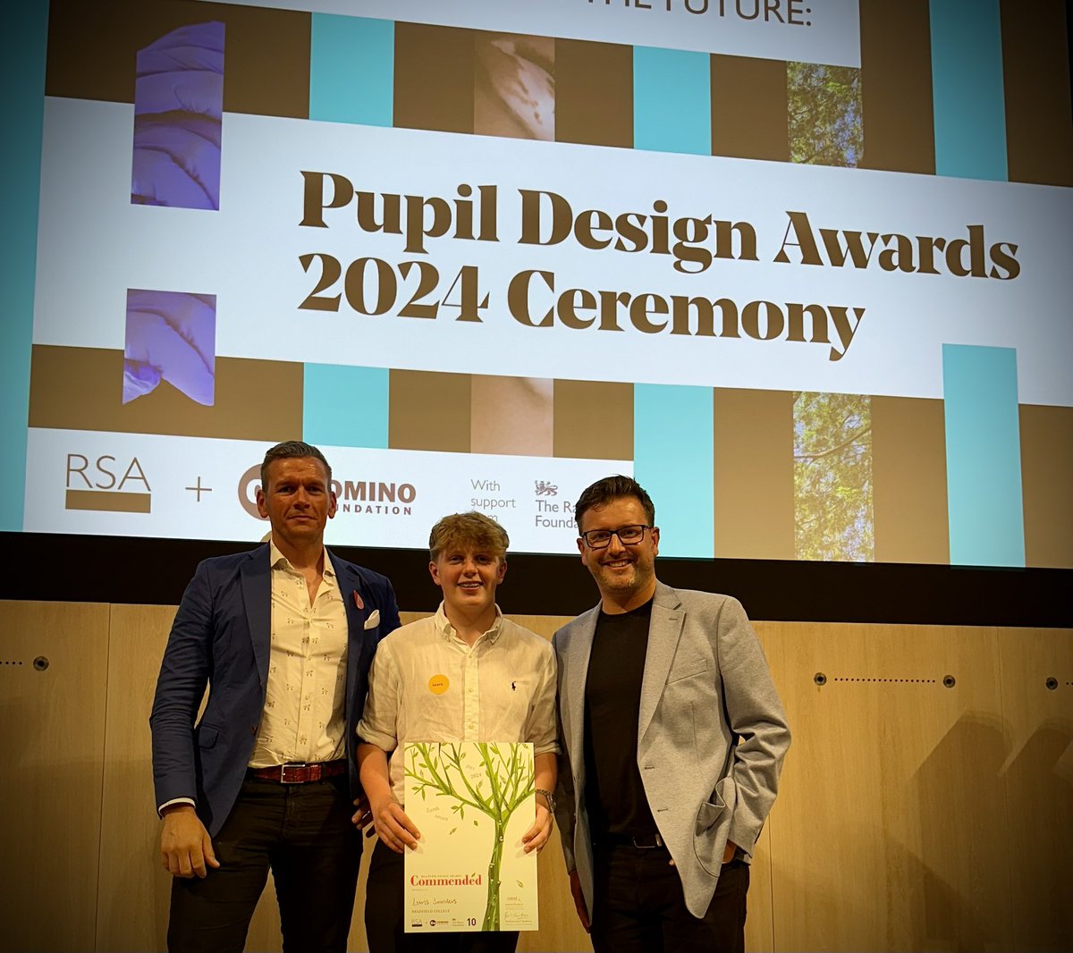 DesignBradfield's tweet photo. Lewis winning the commendation for his @theRSAorg  #studentdesignawards  2024. We are so proud that his innovative designs have been commended. What an incredible day, being supported by @RayneFoundation with expert talks from #guerrillagardening. https://t.co/LC1t4DNPEF