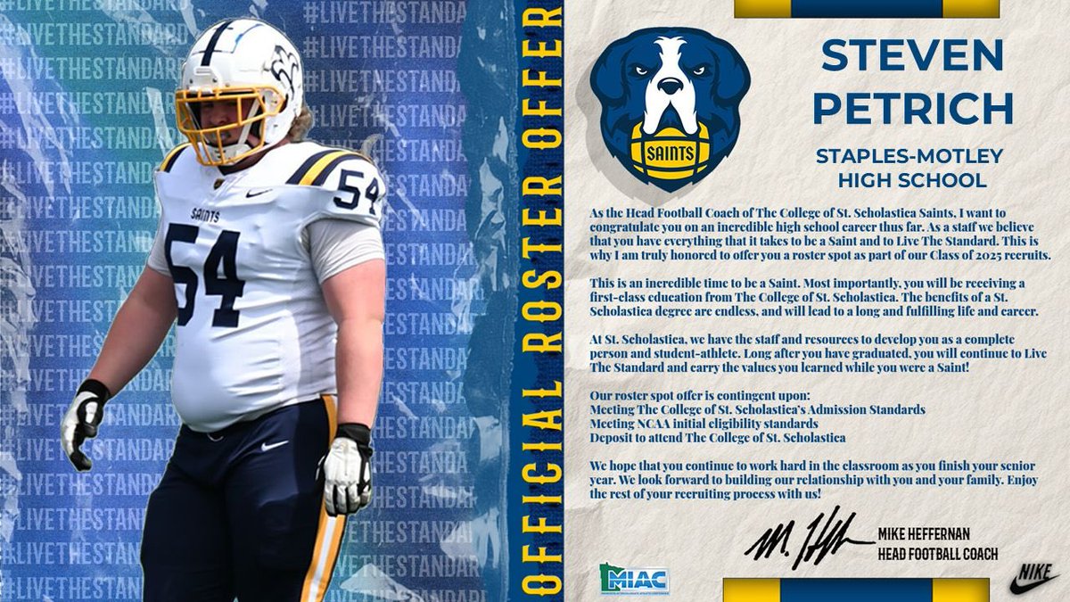 After a great call with <a href="/Coach_Heffernan/">Mike Heffernan</a>  I’m blessed to say I have received my second offer to play football at the next level!! <a href="/CoachBolme/">Coach Jon Bolme</a> <a href="/CSSSaintsFB/">Saints Football</a> #LiveTheStandard