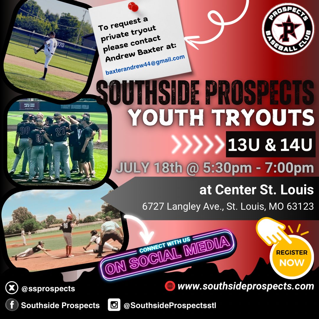 JOIN US AT ALL AGES!
✅Skills Development
✅Character Building
✅Instilling Integrity, Loyalty &amp; Discipline 
✅Creating a Bond for Teamwork
✅Advancement for High School &amp; College Levels
✅Have Fun! 
Please register your player:
southsideprospects.com/take-action
<a href="/andrewbaxter44/">Andrew Baxter</a> <a href="/EricRuehl/">Eric Ruehl™</a>