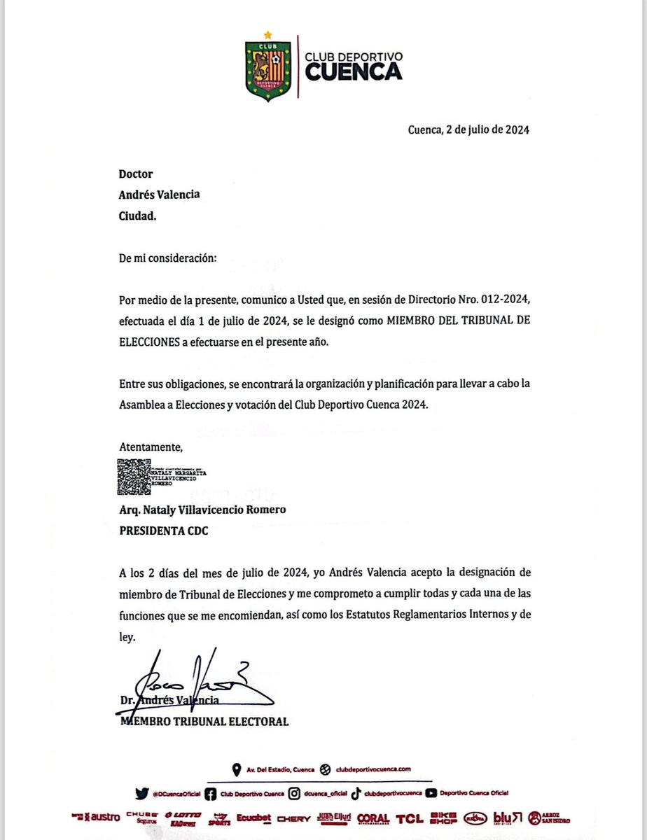 andresval23's tweet photo. Asumo con responsabilidad la designación que a realizado el directorio de @DCuencaOficial, será nuestra obligación, garantizar que las elecciones se lleven a cabo dentro del marco legal y estatutario. @tomebamba @WRadioec @andresmunoza @JPCampoverde @elmercurioec @super949 https://t.co/wfJyMvLxjY