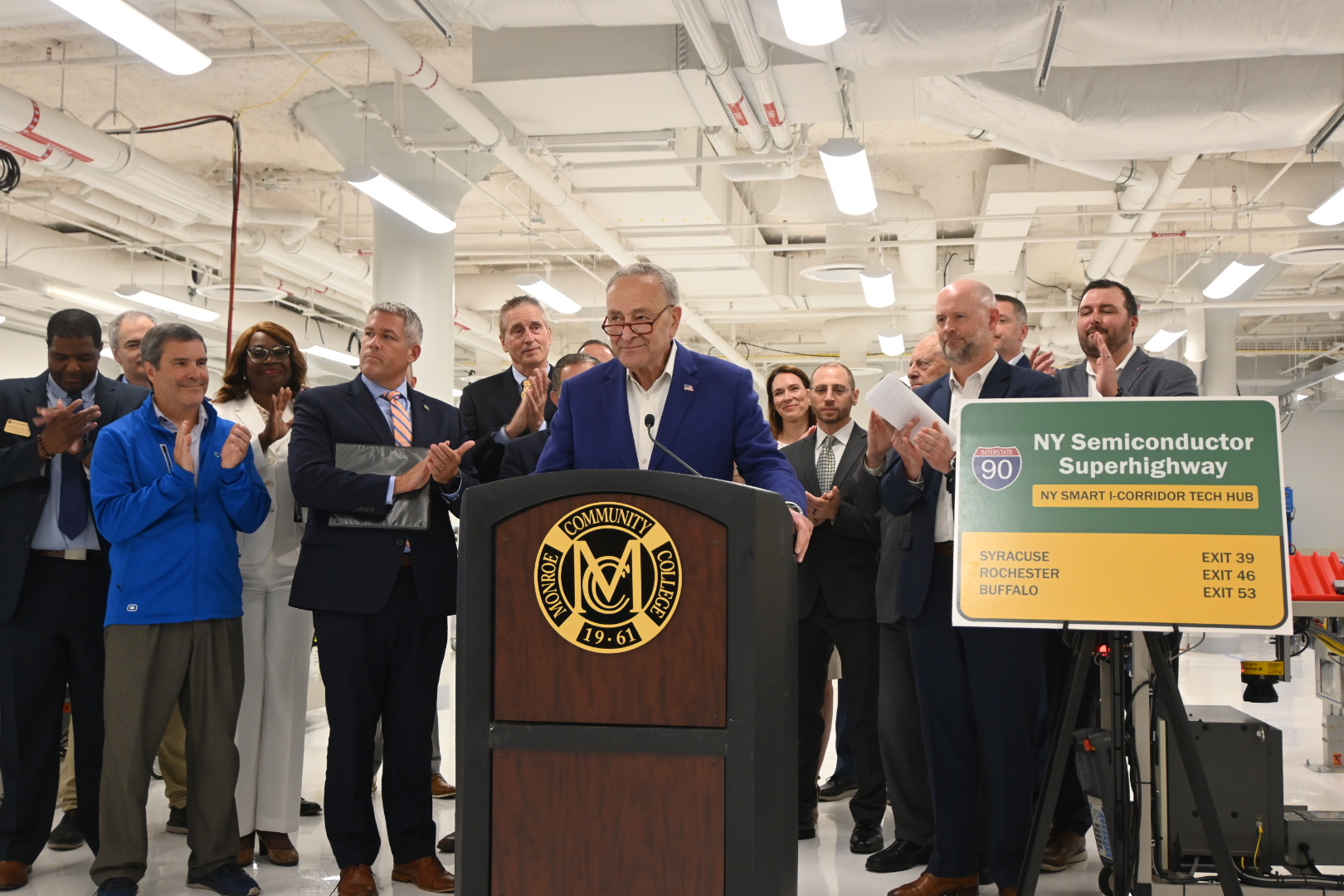 Senator Schumer speaks at a Rochester press conference on the Buffalo-Rochester-Syracuse Tech Hub, July 2, 2024.