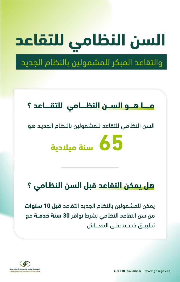 📮سؤال: ماهو سن التقاعد للمشمولين في #النظام_الجديد ؟ و هل يمكن الحصول على التقاعد قبل سن #التقاعد؟
✅جواب : السن النظامي للتقاعد للمشمولين بالنظام الجديد هو 65 سنة ميلادية ، و يمكن للمشمولين بالنظام الجديد #التقاعد_المبكر قبل 10 سنوات من السن النظامي بشرط توافر 30 سنة خدمة مع