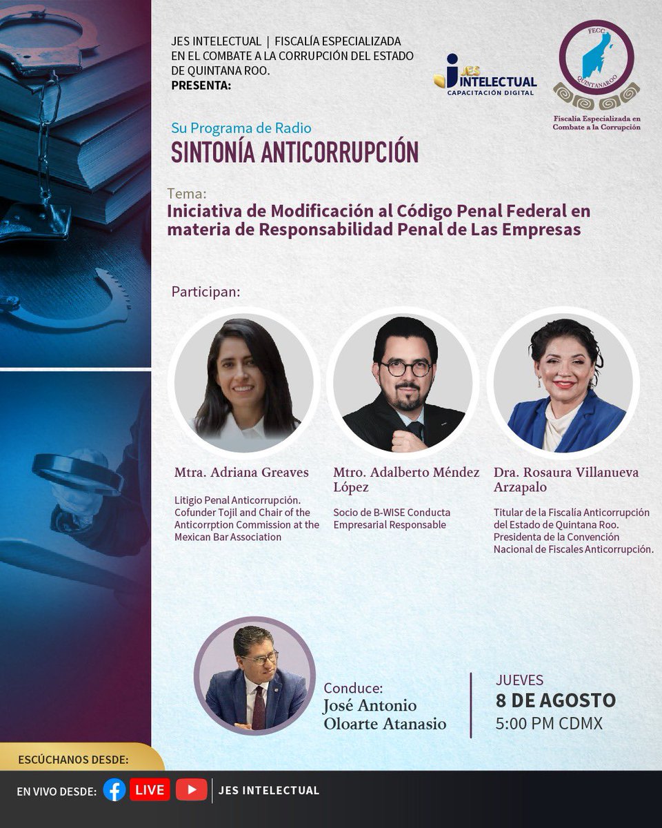 ADALSAMMA's tweet image. Muy agradecido por la invitación a hablar sobre la iniciativa de modificación al Código Penal Federal, en materia de Responsabilidad Penal Empresarial. Nos vemos el 8 de agosto en el programa “Sintonía Anticorrupción” #OmbudsmanCorporativo #BWISE #BizHumanRights #ESG