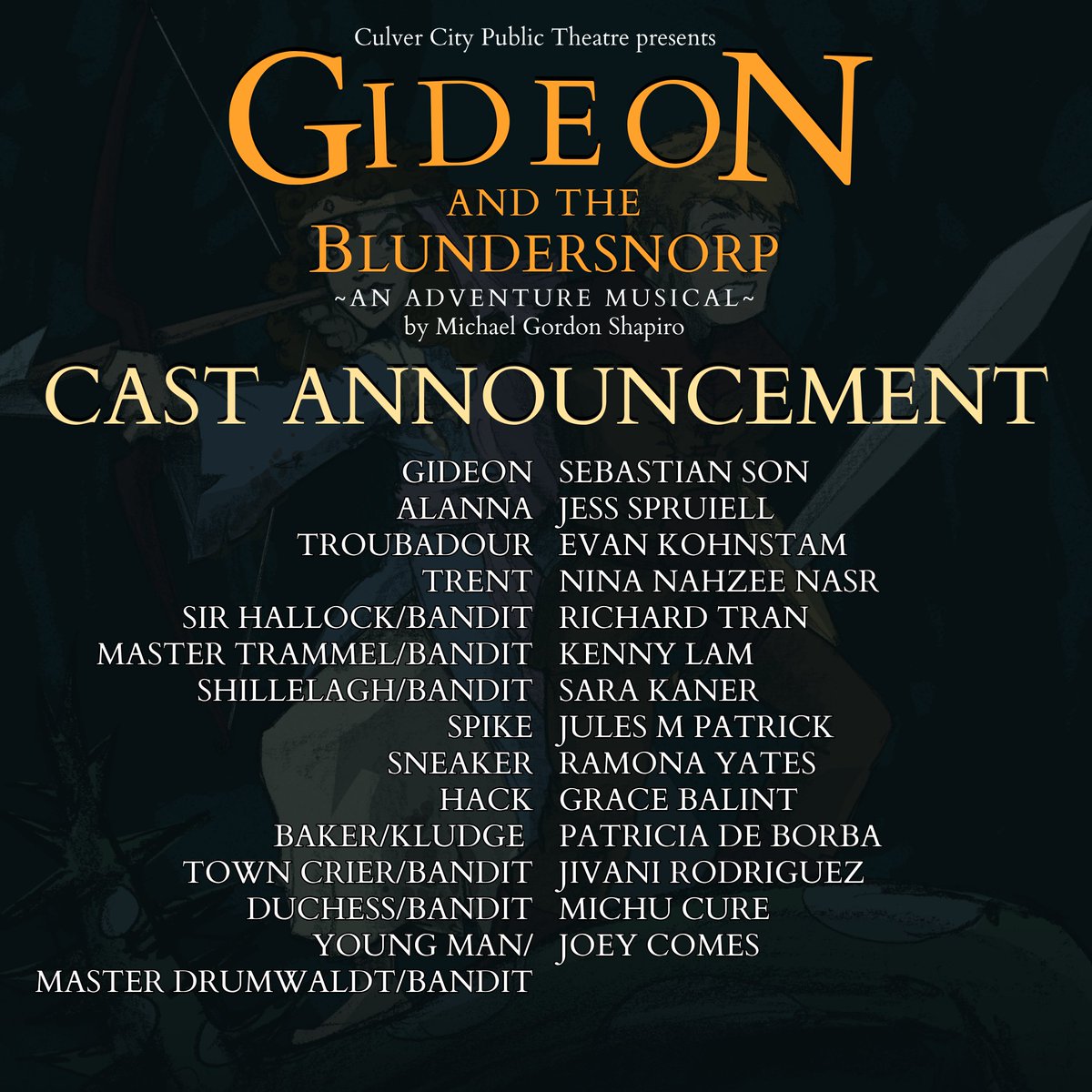 L.A. area folk, mark your calendars! "Gideon and the Blundersnorp" runs weekends at noon from July 13 through August 4, courtesy of Culver City Public Theatre. Entirely free!

#gideonmusical #musicaltheatre #musicaltheater #newmusicals #familymusicals