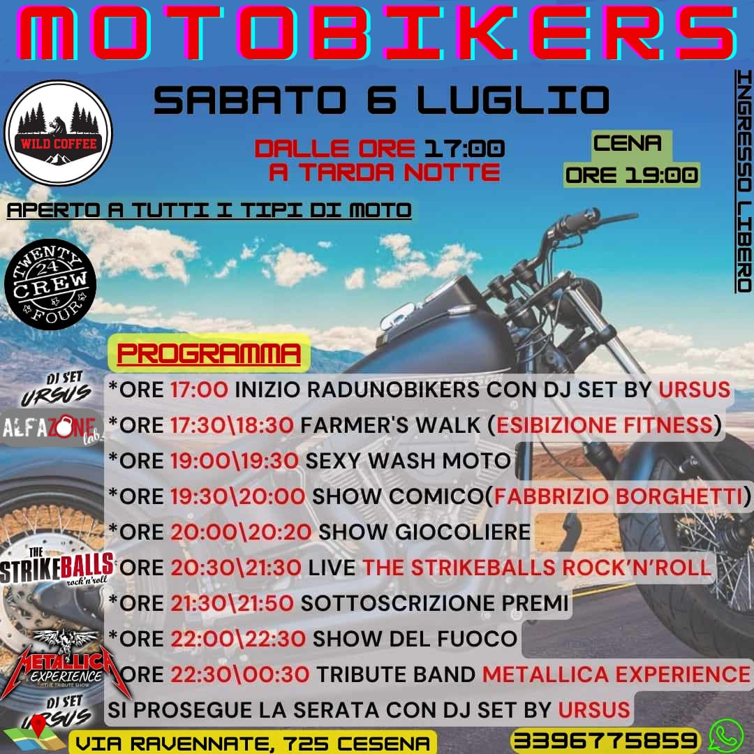 strikeballs's tweet photo. MOTOBIKERS 6 LUGLIO - L'EVENTO DELL'ESTATE! Vi aspettiamo al Wild Coffee #Cesena dalle 17:00! Live music dalle 20:30 🤘#Metallica Tribute Band e DJ Set by Ursus. Cena speciale: rosetta con porchetta e cipolla caramellata + birra a 10€! INGRESSO FREE! #RockNRoll #TheStrikeballs https://t.co/iU4uLUmQTl