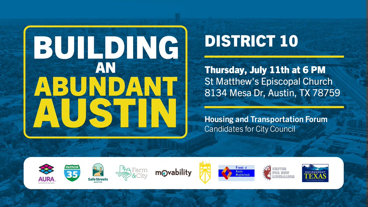 Join us Thurs. July 11 for an opportunity to meet City Council candidates for District 10 and hear their thoughts on housing and transportation!

The forum will be moderated by Chad Swiatecki of the Austin Monitor &amp; will run from 6pm-7:30pm.

RSVP here: actionnetwork.org/events/buildin…