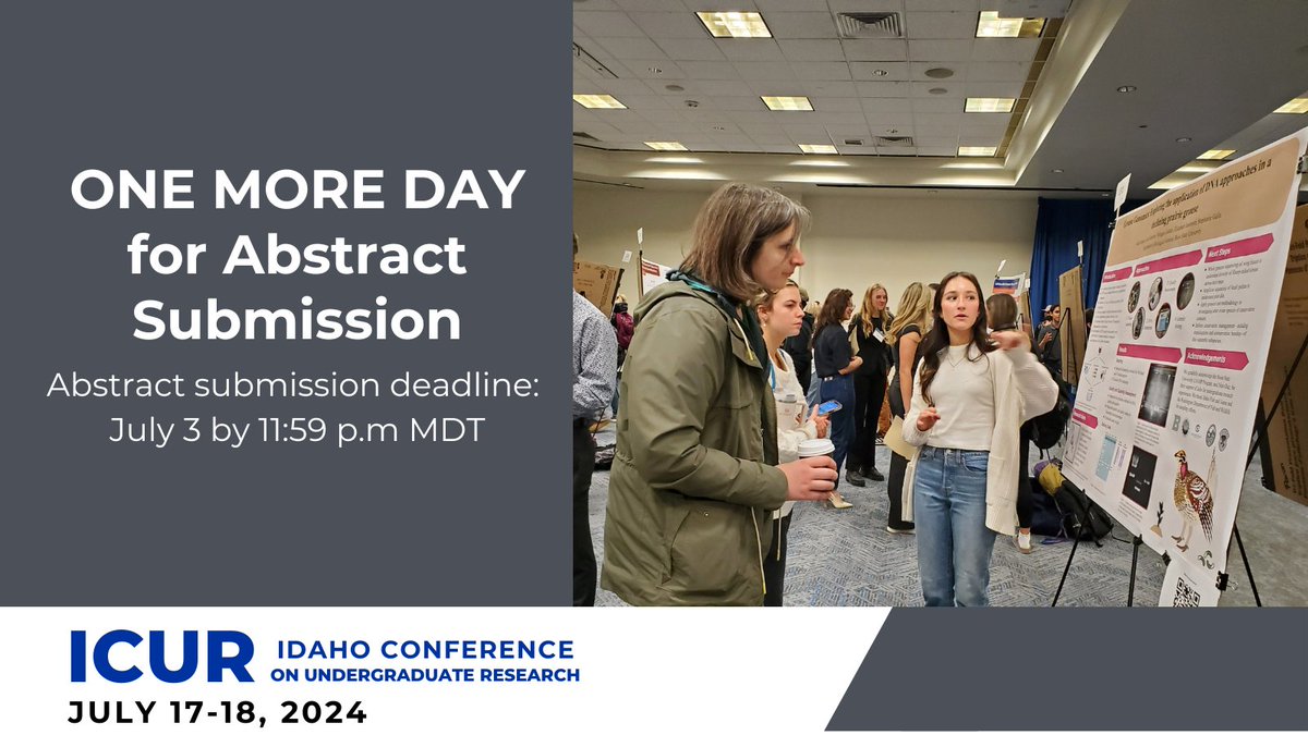 #Boisestate undergraduates, we would love to see all the amazing projects you have been working on. Submit your abstract today. 

#ICUR2024 #summer #conference #research #creativeactivity