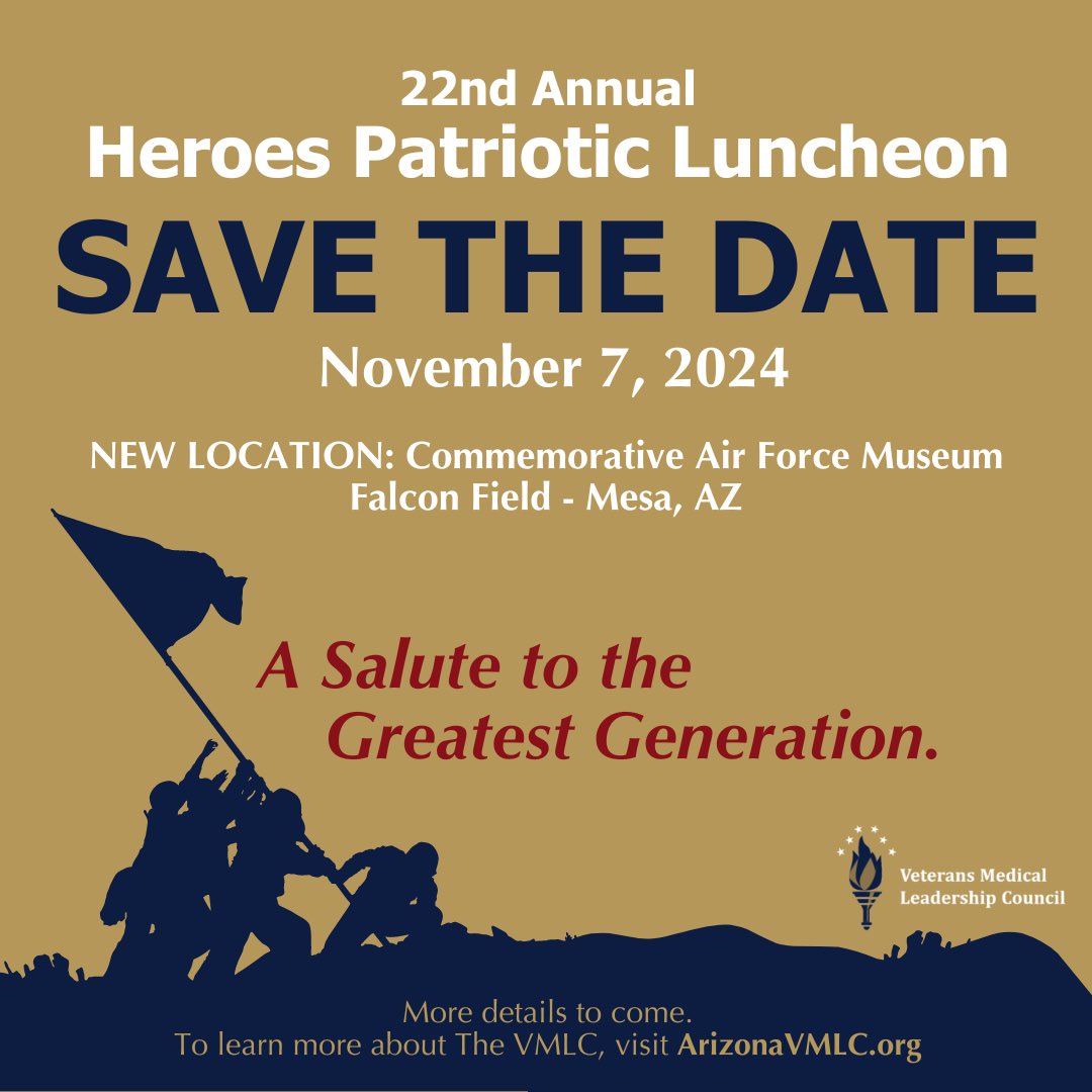 VMLCaz's tweet image. 🗓️ Save the Date! We are celebrating and saluting the Greatest Generation - our WWII Veterans. We are also excited to host the luncheon at a new location, the Commemorative Air Force Museum at Falcon Field in Mesa.

#vmlcaz #azvets #azveterans #supportourveterans #aznonprofit