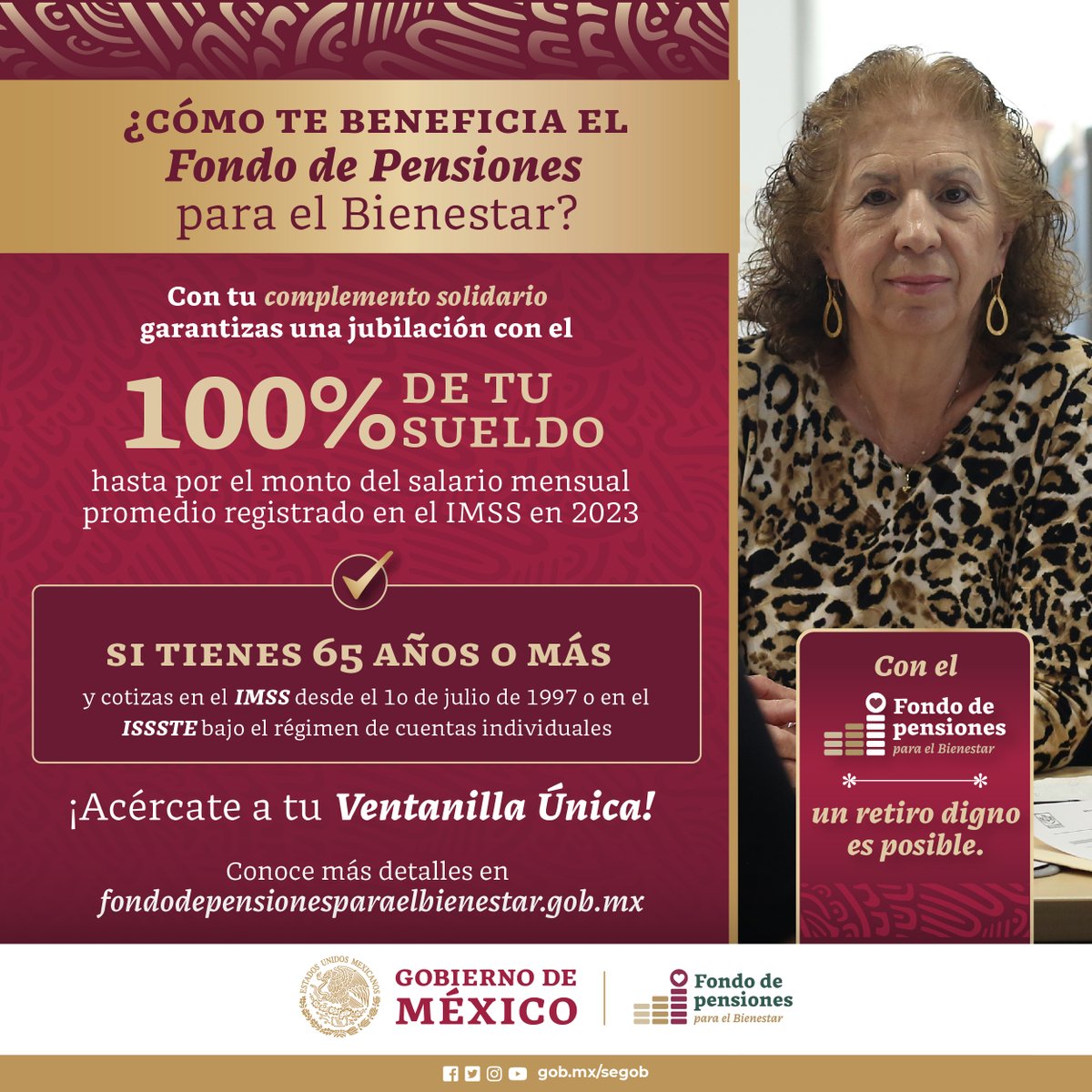 Profeco's tweet photo. El #ComplementoSolidario del Fondo de Pensiones para el Bienestar garantiza una jubilación del 100% de tu sueldo mensual registrado en el último año.

¡Acércate a tu #VentanillaÚnica!

🔗https://t.co/vtC9n6P8o4 https://t.co/thpIl1sWJK