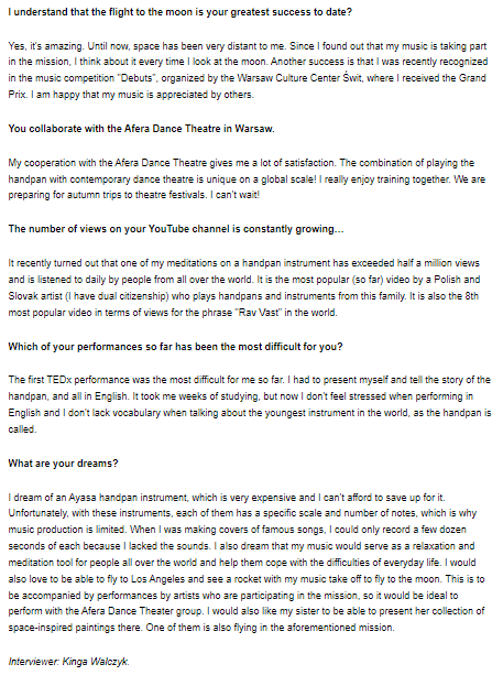 TonyKoniak's tweet photo. Check out my interview on #WarsawDaily: "My Music Flies to the Moon". Attached are screenshots of the automatic translation to english done in Chrome. I talk, among other things, about the Moon mission of @LadyRocketSpace @GBsavant @CopernicSpace https://t.co/umojtFJvD5 https://t.co/CD1iaYh18s
