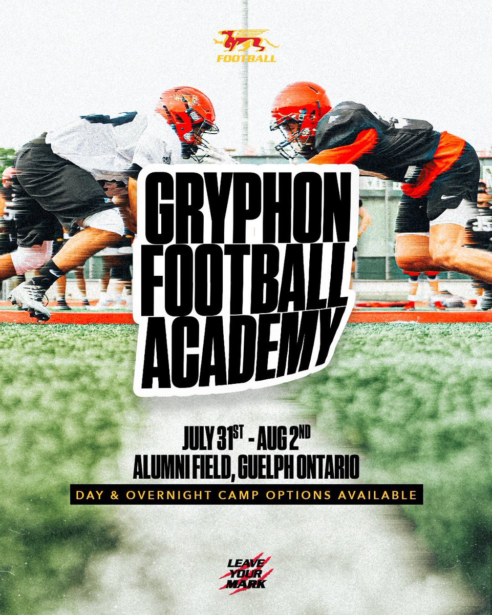 GryphonFB's tweet photo. 🏈 Join the Gryphon Football High School Prep Academy! 

🗓️ Jul 31-Aug 2. 
🧑🏽Ages 13-18. 
☀️ ✨ Day &amp; overnight options available. 
🖊️ Register by Jul 30! 

🔗LINKS: 
Day Camp Option: https://t.co/6idd3cMeHt
Overnight Camp Option: https://t.co/i8hB8wfBc4

#LeaveYourMark https://t.co/dTlhHpfue4