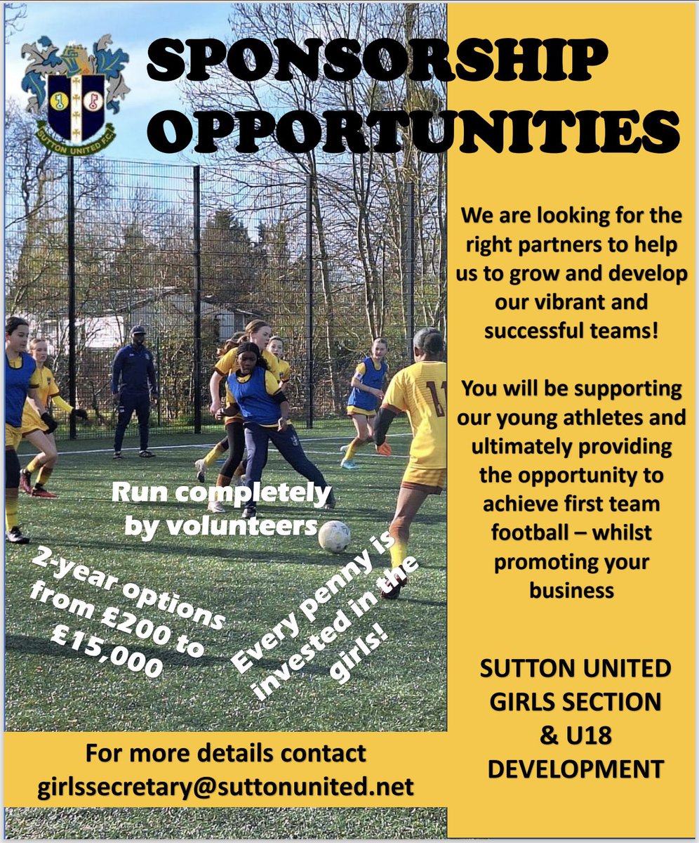 suttonfcgirls's tweet photo. Contact us as girlssecretary@suttonunited.net to discuss how our sponsorship opportunities can help your business and support over 100 local girls football development. https://t.co/SHDUCjbRv8