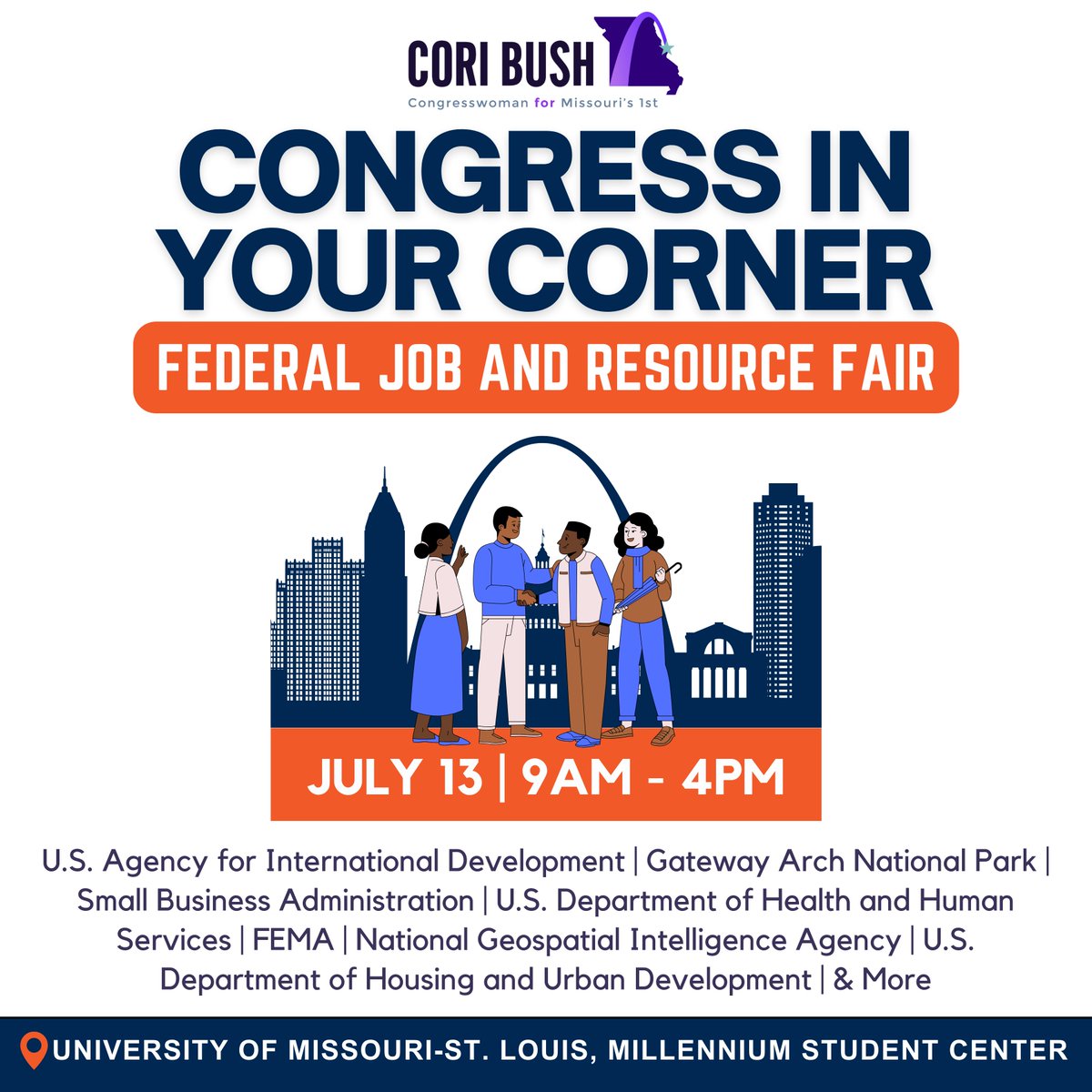 My office is proud to announce that we'll be hosting a Federal Job and Resource Fair on July 13th! 

Join us to discover exciting career opportunities, network with federal agencies, and learn more about our constituent services.

To register visit bush.house.gov/about/events