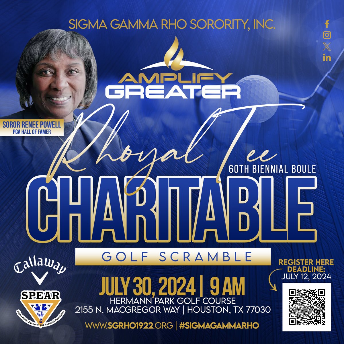 Calling all golfers in the Houston Metro area! Please join us on Tuesday, July 30, 2024, for the Rhoyal Tee Charitable Golf Scramble. Registration ends on July 12, 2024, and is open to the public.  eventbrite.com/e/rhoyal-tee-c…… #SigmaGammaRho #GreaterWomenGreaterWorld #AmplifyGreater