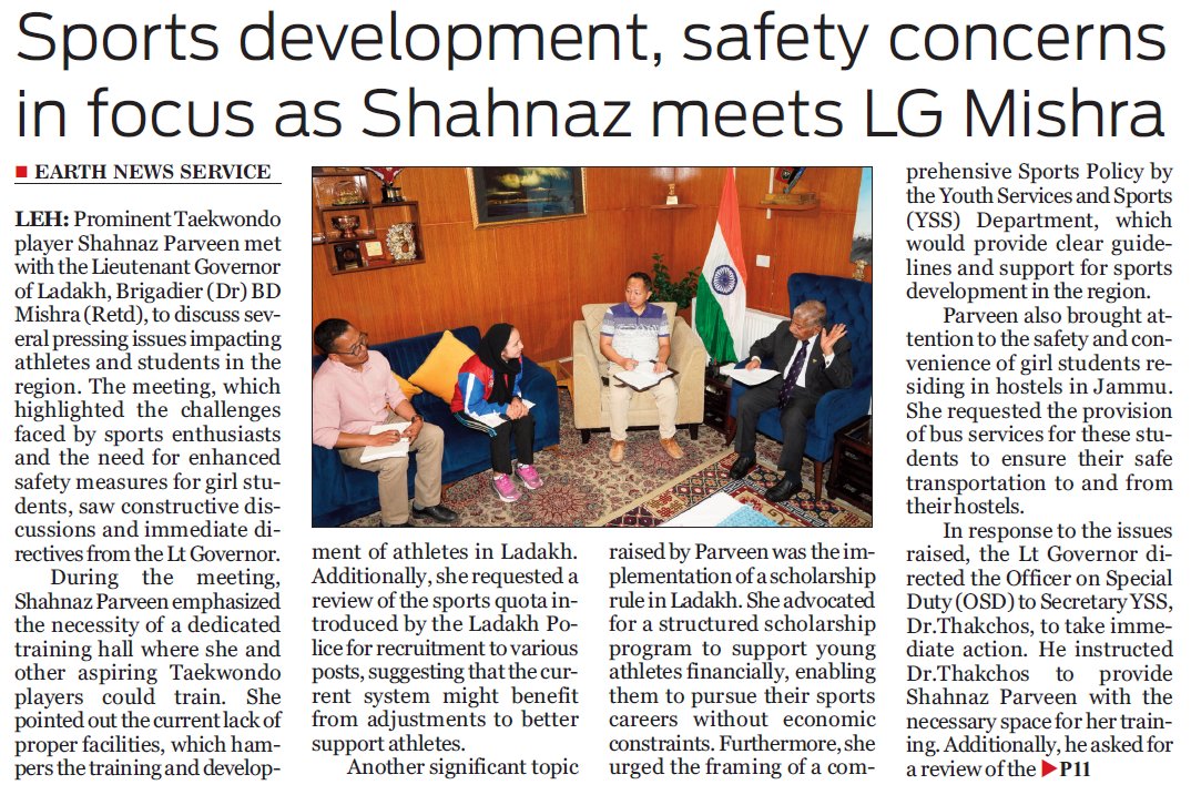 EarthNewsLadakh's tweet image. Sports development, safety concerns in focus as Shahnaz meets LG Mishra
10net.in/2024/07/02/spo…
#SportsChallenges
#SafetyForGirls
#GirlStudentSafety
#AthleteAdvocacy
#SportsInclusion
#SportsAndSafety #SportsForAll #SportsEducation #EmpowerGirlsInSports
#LadakhSportsInitiatives