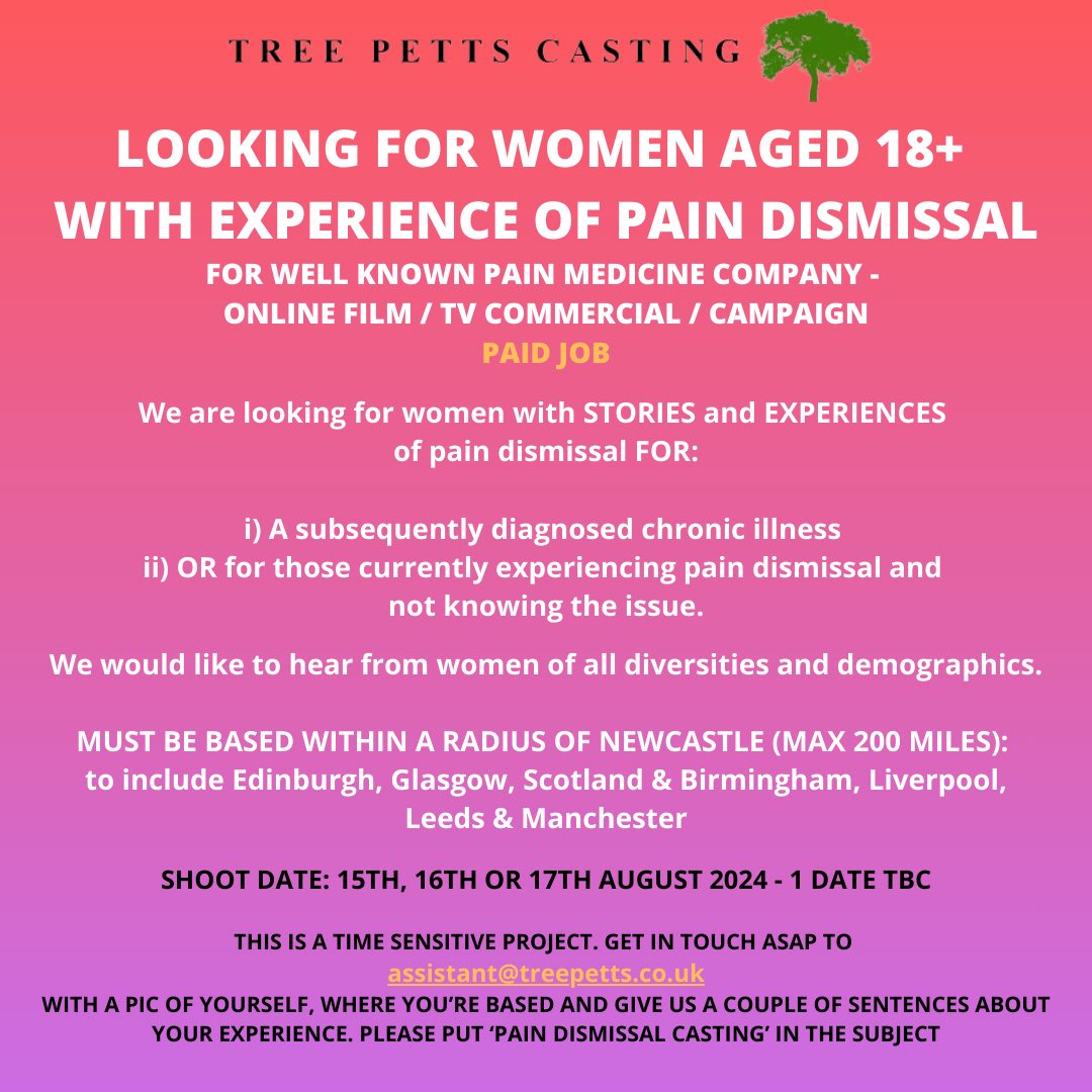 Please RT!

We are looking for women with STORIES and EXPERIENCES of pain dismissal for a subsequently diagnosed chronic illness or for those currently experiencing pain dismissal and not knowing the issue.

Get in touch to assistant@treepetts.co.uk

#cda #streetcast #casting
