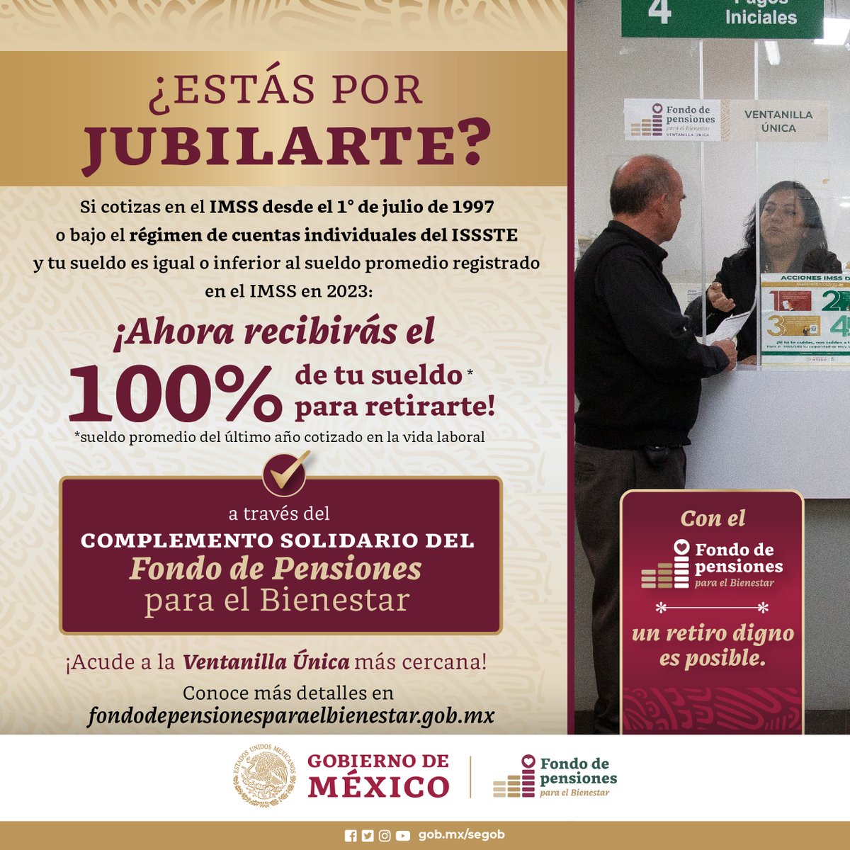 Profeco's tweet photo. ¿Cotizas en @Tu_IMSS desde el 1 de julio de 1997, o en el régimen de cuentas individuales del @ISSSTE_mx y estás por jubilarte?

El #ComplementoSolidario del Fondo de Pensiones para el Bienestar garantiza a las personas trabajadoras de 65 años o más, recibir jubilación del 100% del sueldo promedio cotizado en el último año.
 
🔗https://t.co/sPEcdu1plq