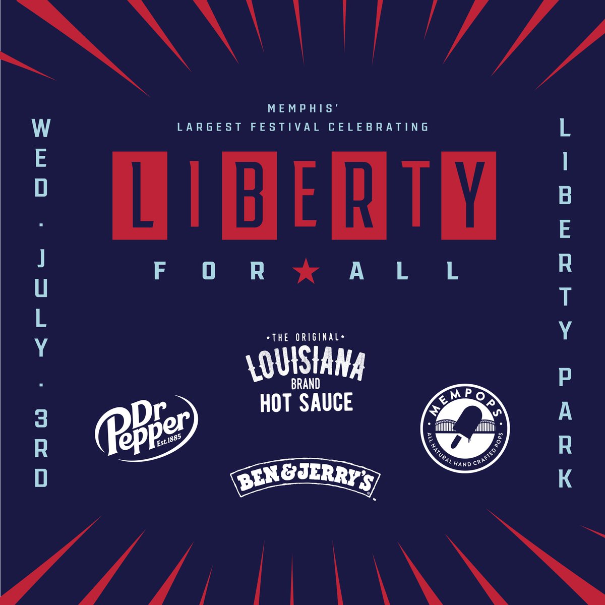 Liberty Park (@libertyparkmem) on Twitter photo TOMORROW, JULY 3, 5-9PM π an Independence Day festival & the <a href="/CityOfMemphis/">City of Memphis</a> *official* fireworks show is FREE for all!
πΆ Live Music by Black Cream
π Food Trucks
π Carnival Games
π¨ Face Painting
Thanks to our sponsors <a href="/drpepper/">Dr Pepper</a>, <a href="/LA_Hot_Sauce/">Louisiana Hot Sauce</a>, Ben & Jerry's Memphis & @mempops TOMORROW, JULY 3, 5-9PM π an Independence Day festival & the <a href="/CityOfMemphis/">City of Memphis</a> *official* fireworks show is FREE for all!
πΆ Live Music by Black Cream
π Food Trucks
π Carnival Games
π¨ Face Painting
Thanks to our sponsors <a href="/drpepper/">Dr Pepper</a>, <a href="/LA_Hot_Sauce/">Louisiana Hot Sauce</a>, Ben & Jerry's Memphis & @mempops