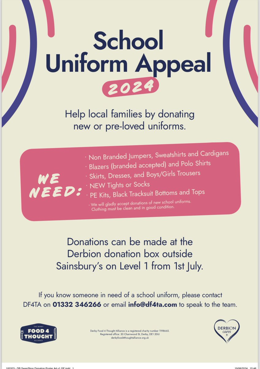 We are in need of donations of  your pre owned school uniform so we can use it to help others in our community in need, donations can be dropped at Derbion or you can donate £15 for new uniform derbyfood4thoughtalliance.org.uk/donate use reference school2024
More info to follow on support