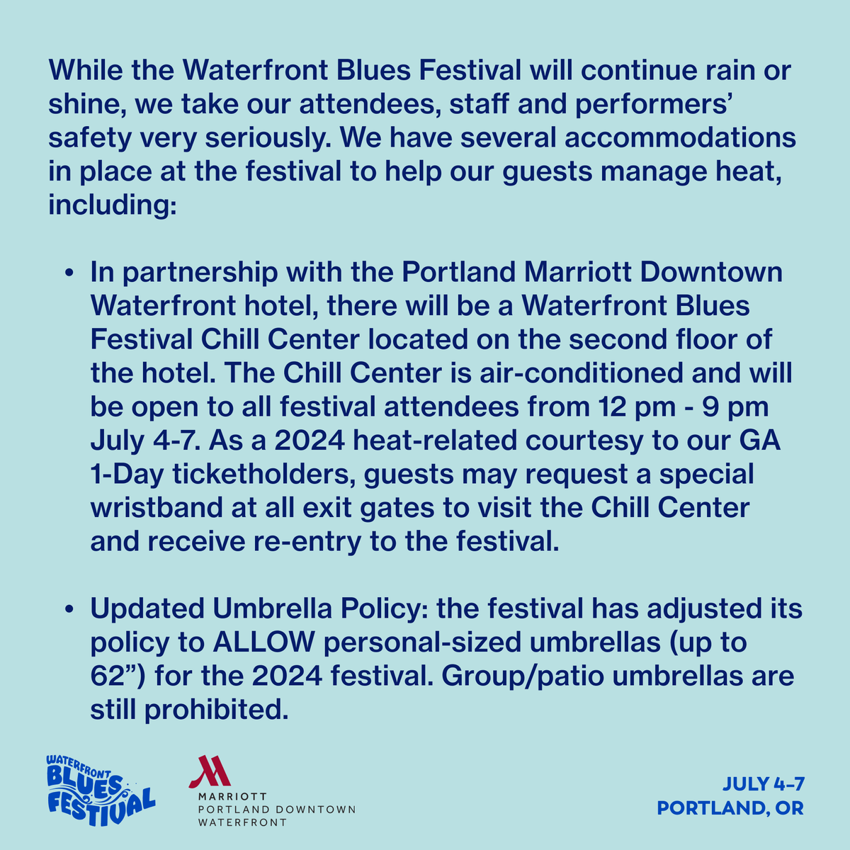 WaterfrontBlues's tweet photo. We can't wait to see you this weekend! While the Waterfront Blues Festival will continue rain or shine, we take our attendees, staff &amp; performers’ safety very seriously. We have several accommodations in place to help our guests manage heat. Stay cool, friends! 💦 https://t.co/Uv9V017eky