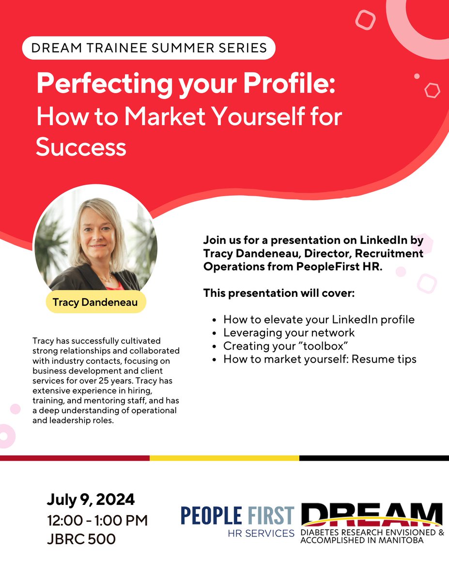 DREAM_Theme (@dream_diabetes) on Twitter photo Next up for the <a href="/DREAM_trainees/">DREAM Trainees</a> Summer Series we have Tracy Dandeneau from PeopleFirst HR presenting "Perfecting your Profile: How to Market Yourself for Success" where she will touch on LinkedIn profiles and resumes. See poster for more info! <a href="/CHRIManitoba/">CHRIM</a> <a href="/UM_RadyFHS/">U of M Rady Faculty</a> Next up for the <a href="/DREAM_trainees/">DREAM Trainees</a> Summer Series we have Tracy Dandeneau from PeopleFirst HR presenting "Perfecting your Profile: How to Market Yourself for Success" where she will touch on LinkedIn profiles and resumes. See poster for more info! <a href="/CHRIManitoba/">CHRIM</a> <a href="/UM_RadyFHS/">U of M Rady Faculty</a>