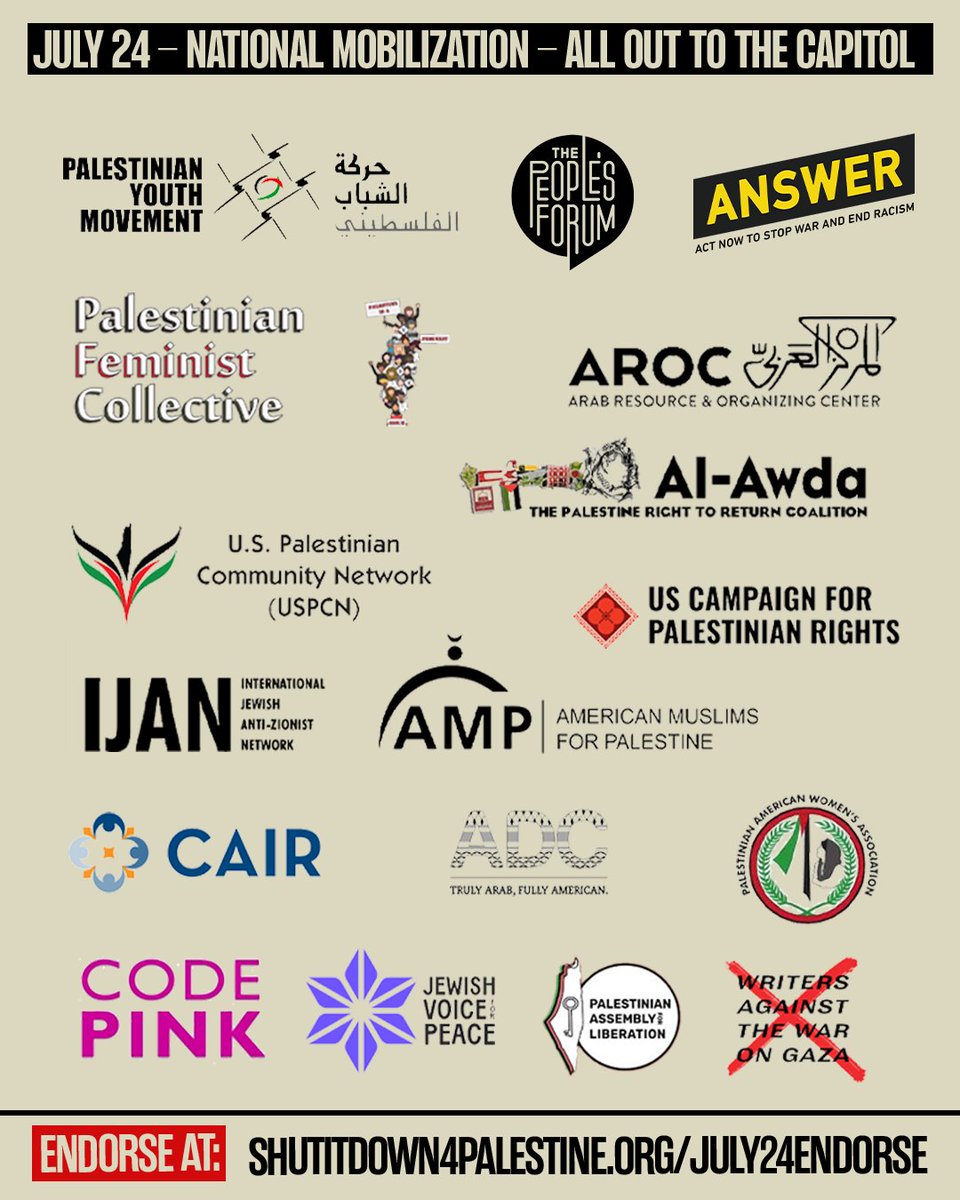 🇵🇸JULY 24: The people charge Benjamin Netanyahu with genocide!

Israeli Prime Minister Netanyahu is being welcomed by Congress. We won't let  a war criminal walk the streets of DC!

🇵🇸ALL OUT TO DC!
🗓️Wed. 7/24
🕚11AM
🔴WEAR RED – we are the red line!
🔗answercoalition.org/arrest_netanya…