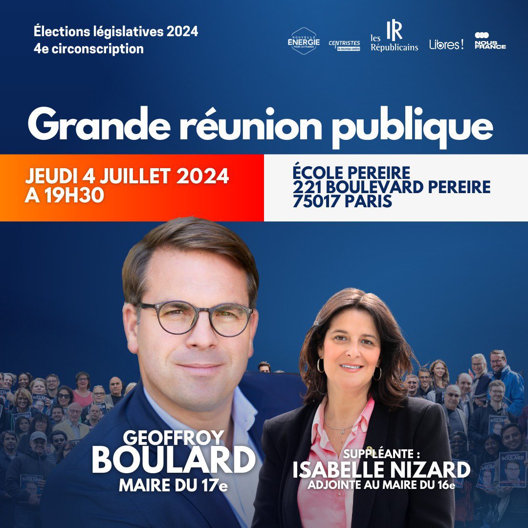 brigitte_kuster's tweet photo. #legislatives2024 
🔴 À l'heure des alliances contre nature ds #circo7504 venez à la réunion publique du candidat de la clarté : @geoffroyboulard 
 🔵 Nous vous attendons nombreux avec sa suppléante @Nizardisabelle .
#pourundéputédedroite à Paris! 🚀 https://t.co/YCuUw8shyp