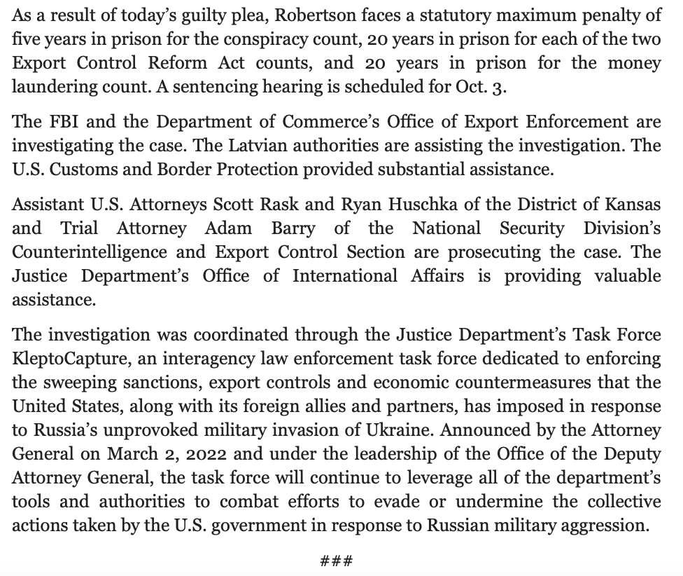 Former VP of a #Kansas avionics company pleads guilty to years-long conspiracy to supply equipment to #Russia 

Per <a href="/TheJusticeDept/">U.S. Department of Justice</a>, plot included helping get equipment for Russia's Federal Security Service (FSB)