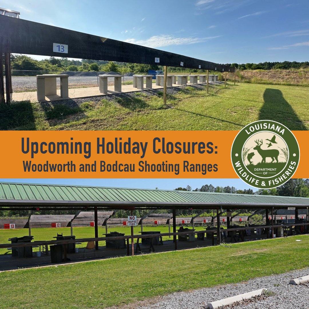 ✨ Attention Shooters! Woodworth Shooting Range closed July 4-5. Bodcau Shooting Range closed July 5.

📍 Woodworth: 661 Robinson Bridge Rd, Woodworth 📞318-484-2212
📍 Bodcau: 168 Ben Durden Rd, Benton 📞318-326-3225

More: buff.ly/3TtxHuC 

Have a safe &amp; happy Fourth!
