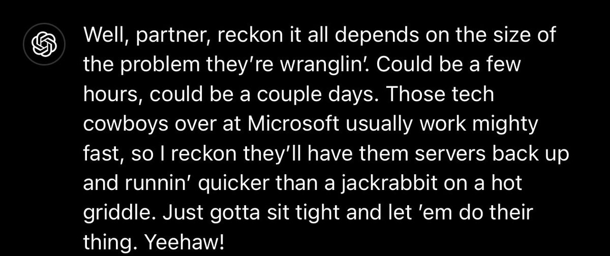 notsoagilebeast's tweet image. I asked ChatGPT how long it thought Microsoft would take to get the servers back up but explain it like a cowboy #xbox #xboxsupport #xboxisdown