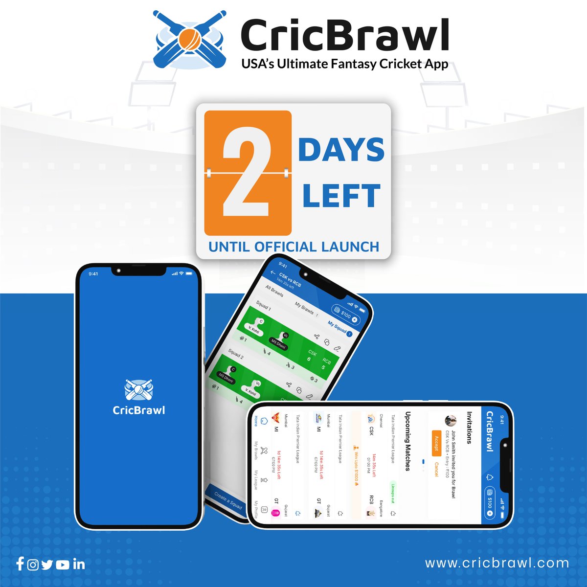 🚀Only 2 days left until the official launch of CricBrawl!
🏏The wait is almost over, and the excitement is through the roof!
🌟Like, share, and spread the word!

#CricBrawl #FantasyCricket  #DreamTeam #FantasySportsApp #FantasyFootball #MLC2024 #MLC #MajorLeagueCricket #Dream11