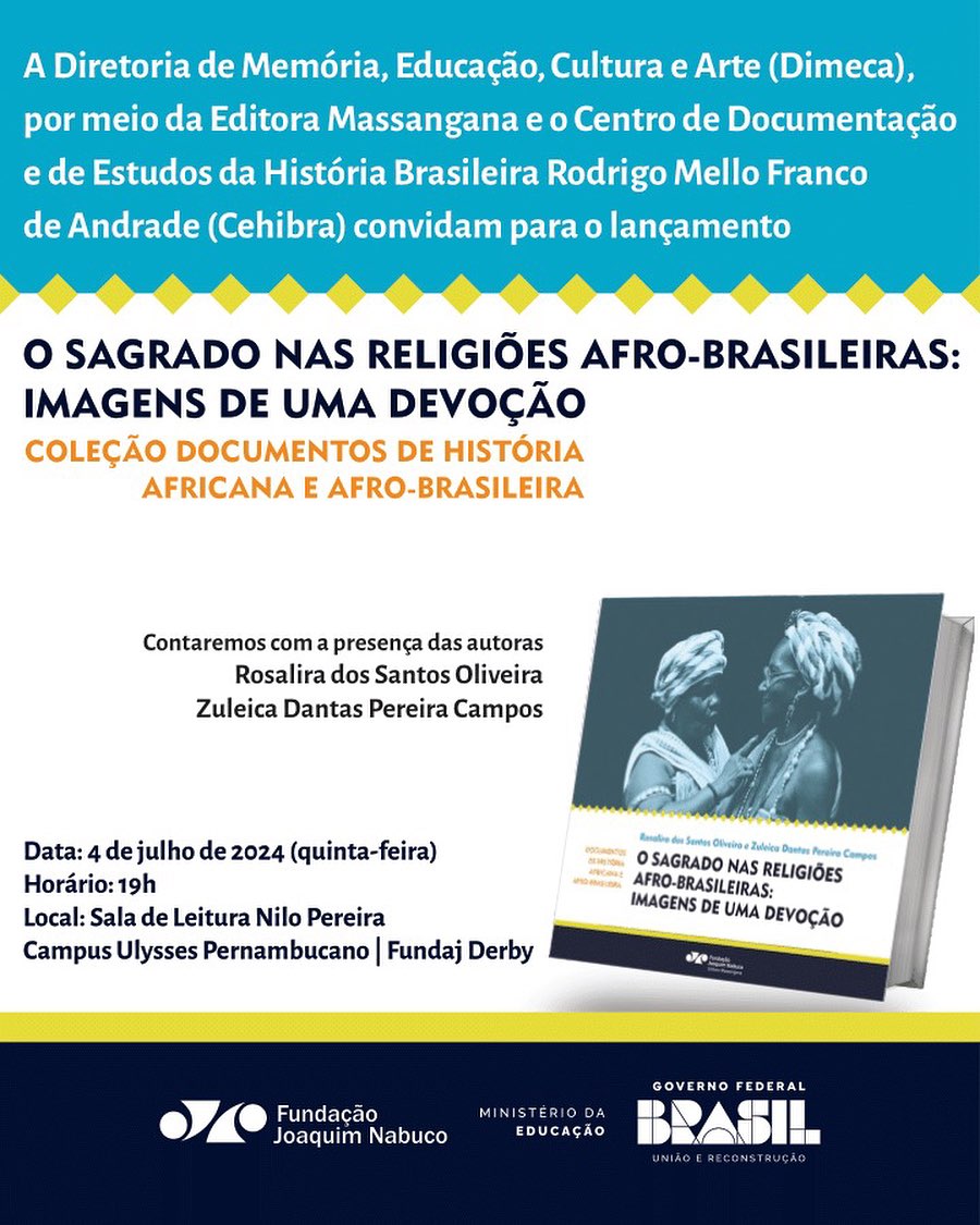 📚 A Editora Massangana e o Centro de Documentação e Estudos da História Brasileira (Cehibra) da Fundaj lançam, na próxima quinta-feira (4), na Sala de Leitura Nilo Pereira, no campus Derby, o livro “O sagrado nas religiões afro-brasileiras: imagens de uma devoção”.