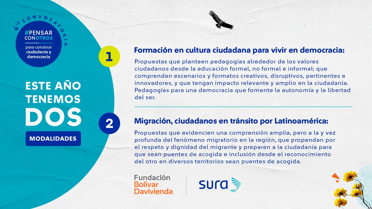 GRUPOSURA's tweet photo. ¿Te animas a #PensarConOtros?

Abrió nuestra convocatoria anual de proyectos para construir ciudadanía y democracia en Latinoamérica. En alianza con @FundacionBD, en 2024 buscamos proyectos que  promuevan la formación en cultura ciudadana y migración. ¡Anímate a participar!

Conoce más en: https://t.co/ZWJmJ9gyR8