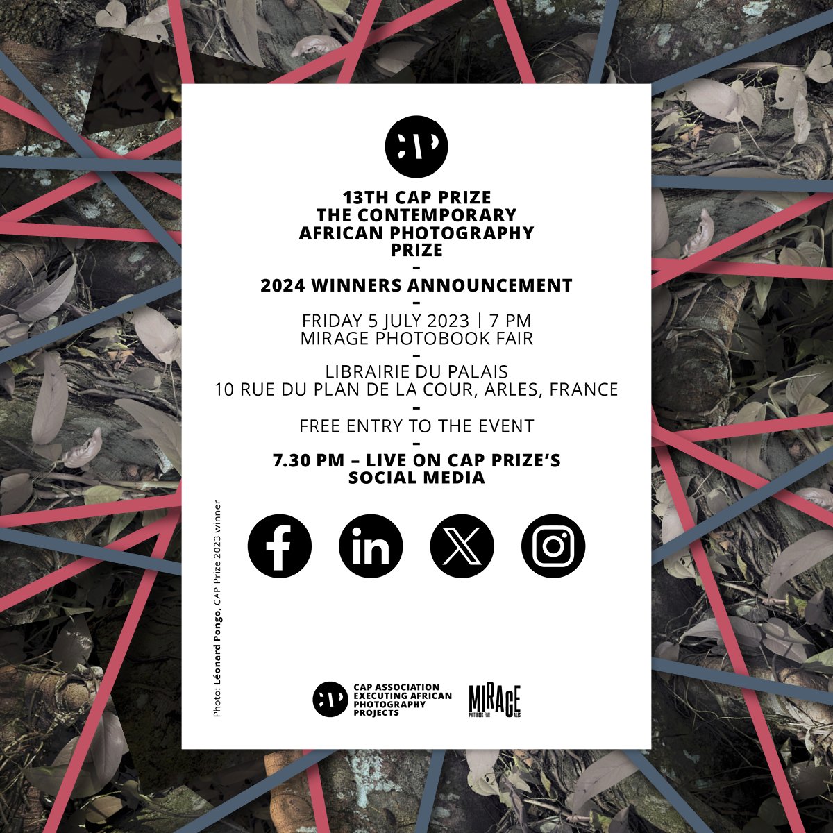 The five winners of the CAP Prize 2024 – the Contemporary African Photography Prize – will be announced in a live stream event from the MIRAGE Photobook Fair in Arles. Join us in celebrating African Photography on location or via live stream. 
 
#africanphotography #capprize