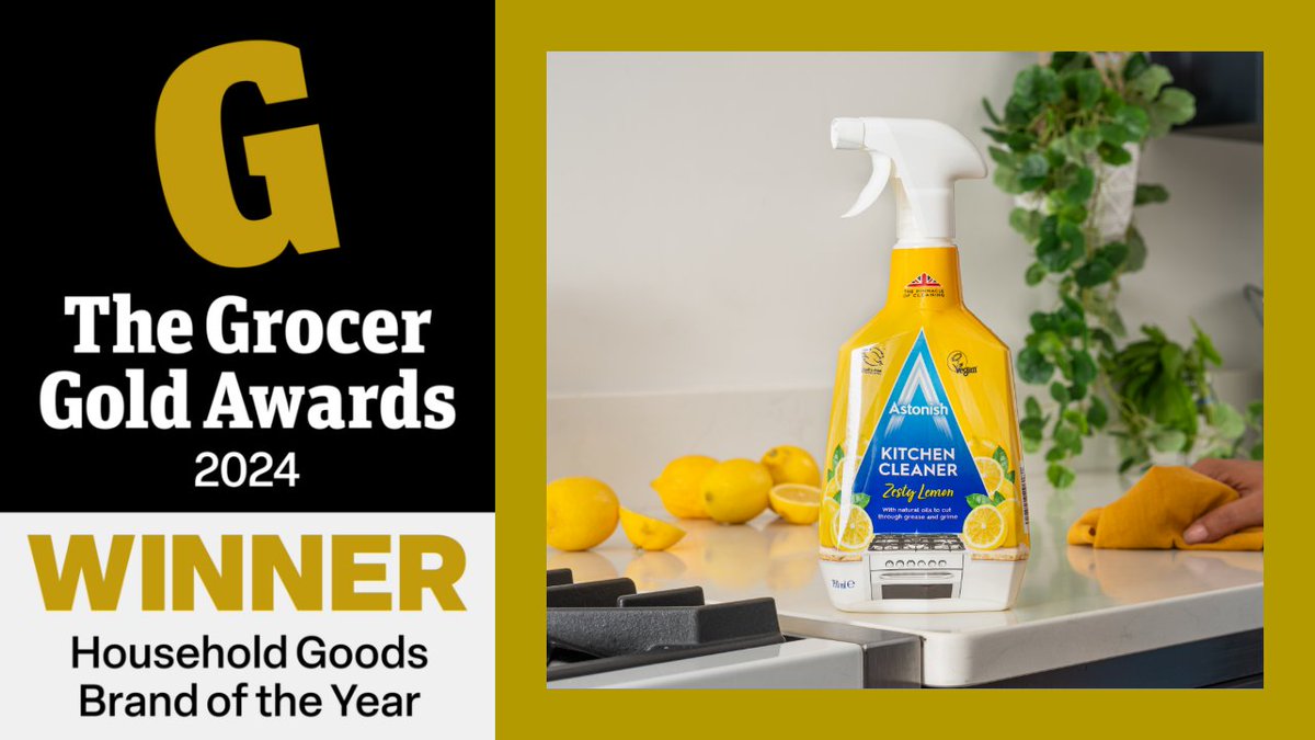 TheGrocer's tweet photo. The Grocer Gold Awards: Household Goods Brand of the Year
Winner: Astonish

Congratulations to @Astonishcleaner!
#GrocerGold 🏆

Read the full story here: https://t.co/TYFpSlE78D https://t.co/63e4AW8SDu