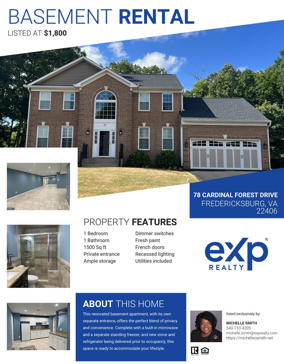 MOSmithRealtor's tweet image. Fredericksburg Rental Just Listed!

This renovated basement apartment, with its own separate entrance, offers the perfect blend of privacy and convenience. Listed at an affordable $1,800 per month with a security deposit equal to the monthly rent. Contact Michelle to tour!