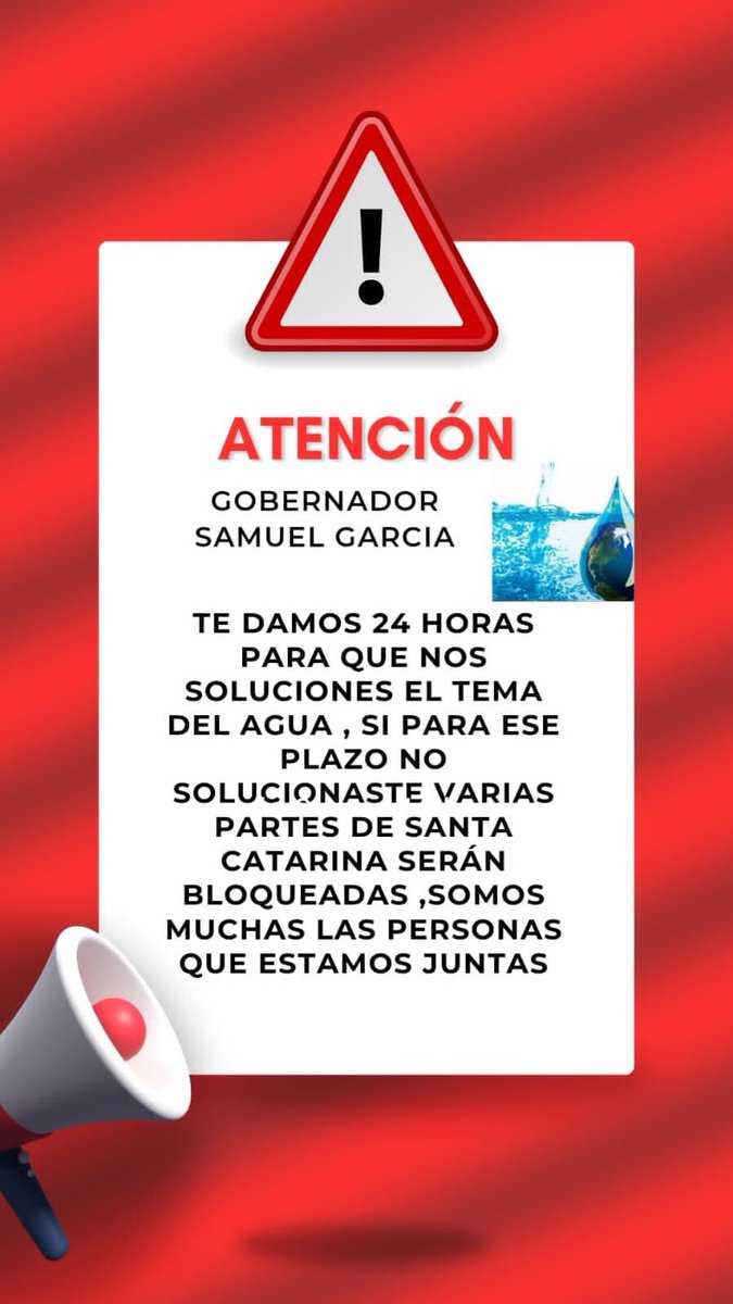 👇OJO AQUÍ👇

Circula este aviso desde hace una hora aproximadamente en grupos de Facebook de Santa Catarina, emplazando a la autoridad a resolver el tema del agua en 24 horas afirmando que no ser así habrías bloqueos simultáneos en el municipio. 

¡Enterados están!