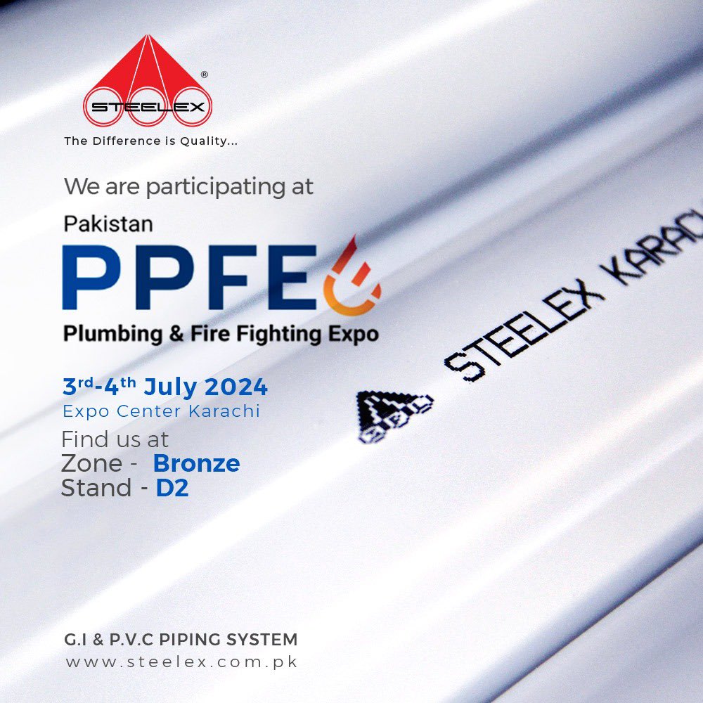 STEELEXPVTLTD's tweet image. We will be part of the PPFE - Pakistan Plumbing &amp;amp; Fire Fighting Expo happening on 3rd &amp;amp; 4th July 2024. 
Come meet us at:
Expo Center Karachi - Stand D2
#ppfe #Karachi #Steelex