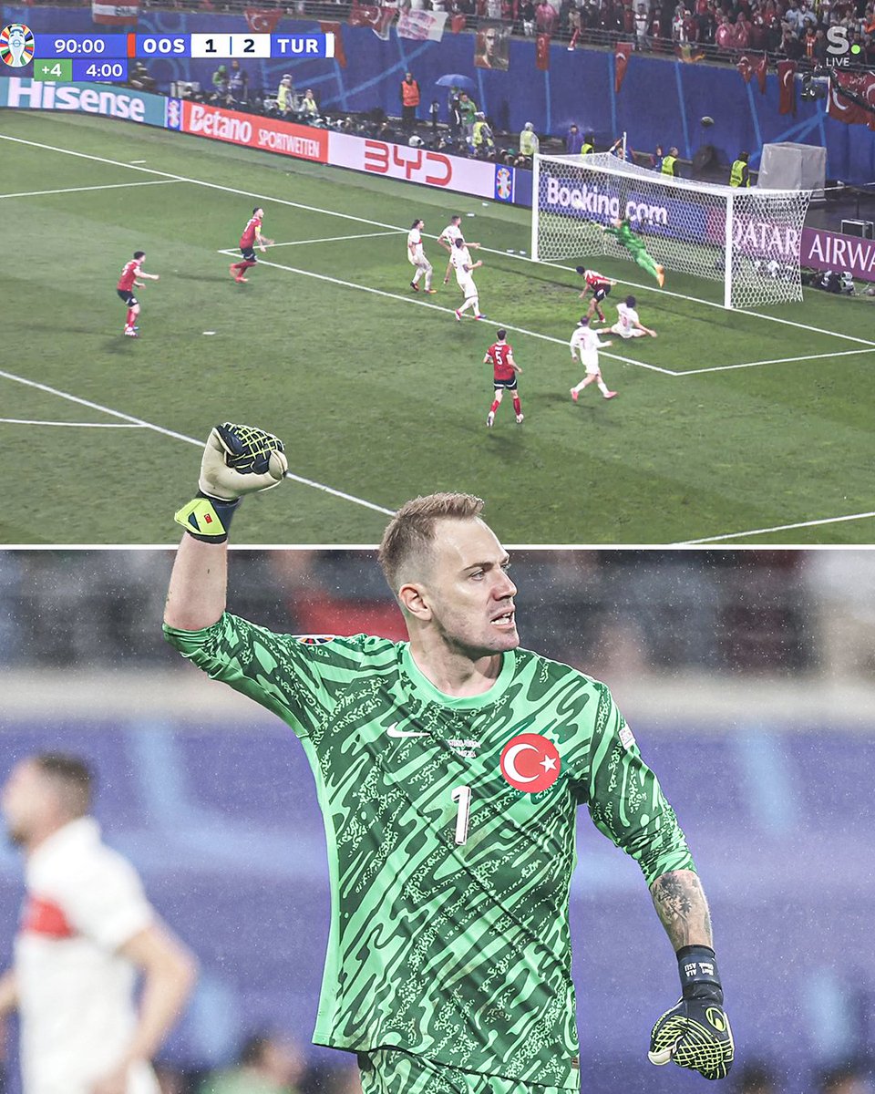 An absolutely incredible save from Mert Günok in the 90+4 minute of stoppage time to seal the win for Turkey vs. Austria 🤯

Save of the tournament? 👀
