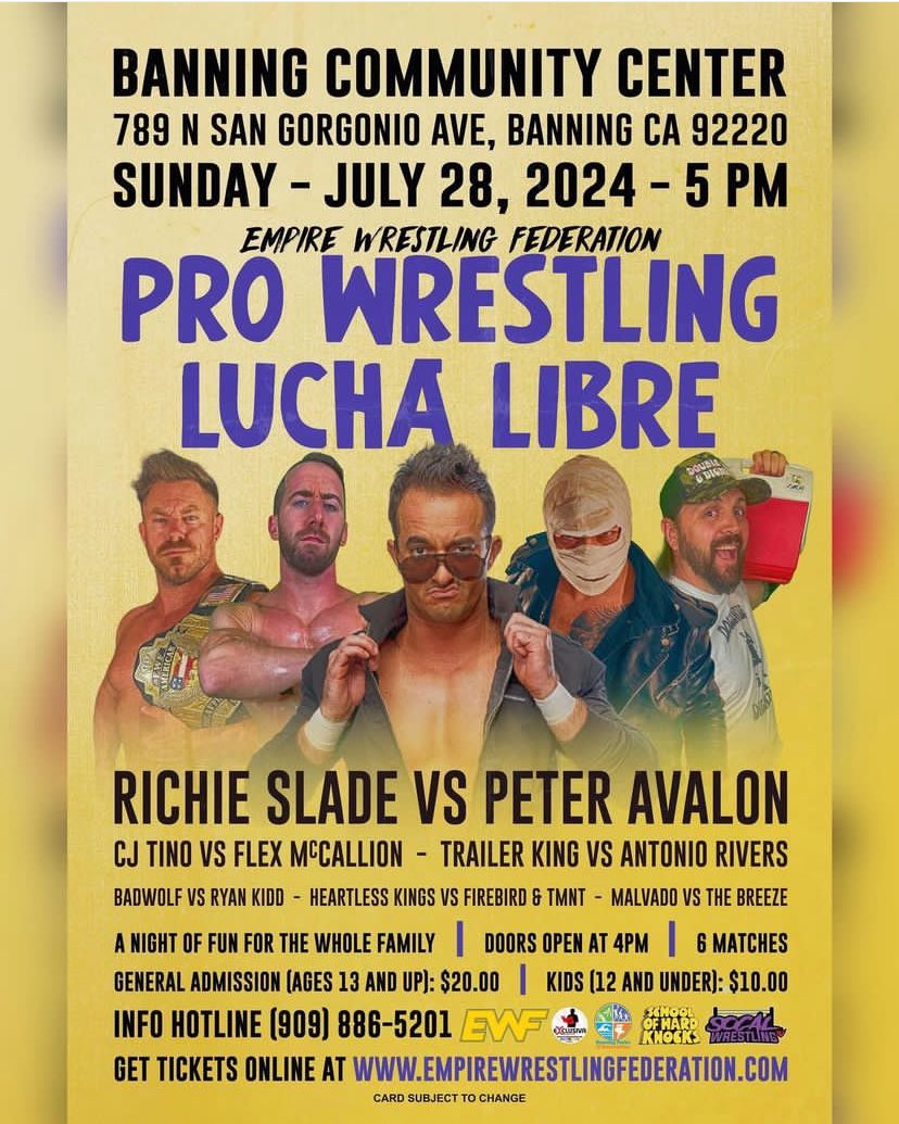 RyanKiddPro's tweet image. 🚨JULY 28TH🚨

“Mr. Excitement” Ryan Kidd returns to The Empire Wrestling Federation on Saturday July 28th in Banning, CA to take part in an absolutely stacked card alongside all of your EWF favorites!

Tickets for this event are available now and going fast! See you there!