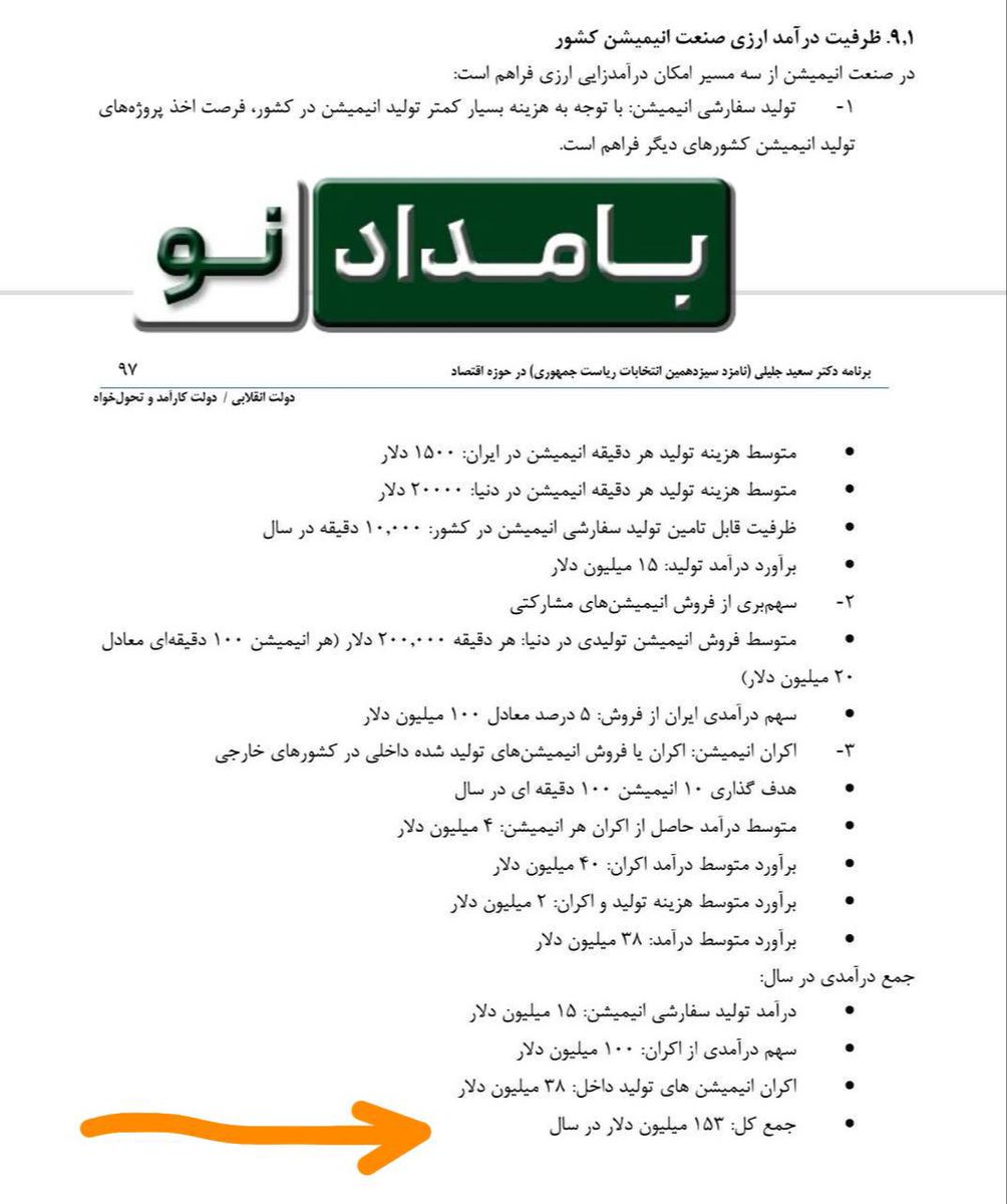 baamdadeno's tweet photo. 🔴برنامه عملیاتی و راهبردی آقای جلیلی برای درآمد ۱۵۴ میلیون دلاری به صورت سالانه فقط از تولید و صادرات انیمیشن

🔸این ها رویا پردازی‌های کودکانه است نه برنامه…
برنامه‌هایی که از آن صحبت می‌کنند این‌گونه است… https://t.co/QiMzBAWjz0