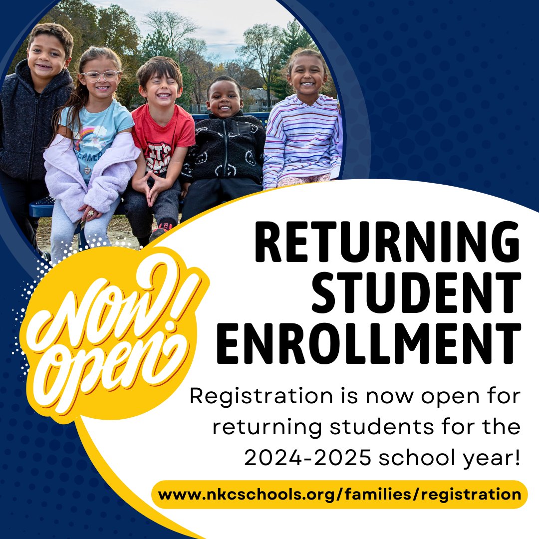 NKCSchools's tweet photo. Registration is now open for all returning students for the 2024-2025 school year! All  students must complete enrollment and registration each year. You can access online enrollment and registration through our PowerSchool Parent Portal. More info: https://t.co/nLSMsvAHse https://t.co/7Sya50eowh