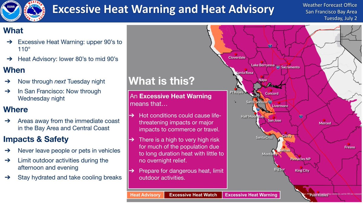 NWSBayArea's tweet photo. 🌡️ Excessive Heat Warning and Heat Advisory is in effect now until NEXT Tuesday! Inland high temperatures from the upper 90s to near 110 will result in major to extreme risk of heat related illnesses. Never leave people or pets in vehicles! #CAwx https://t.co/uZud89w0vA