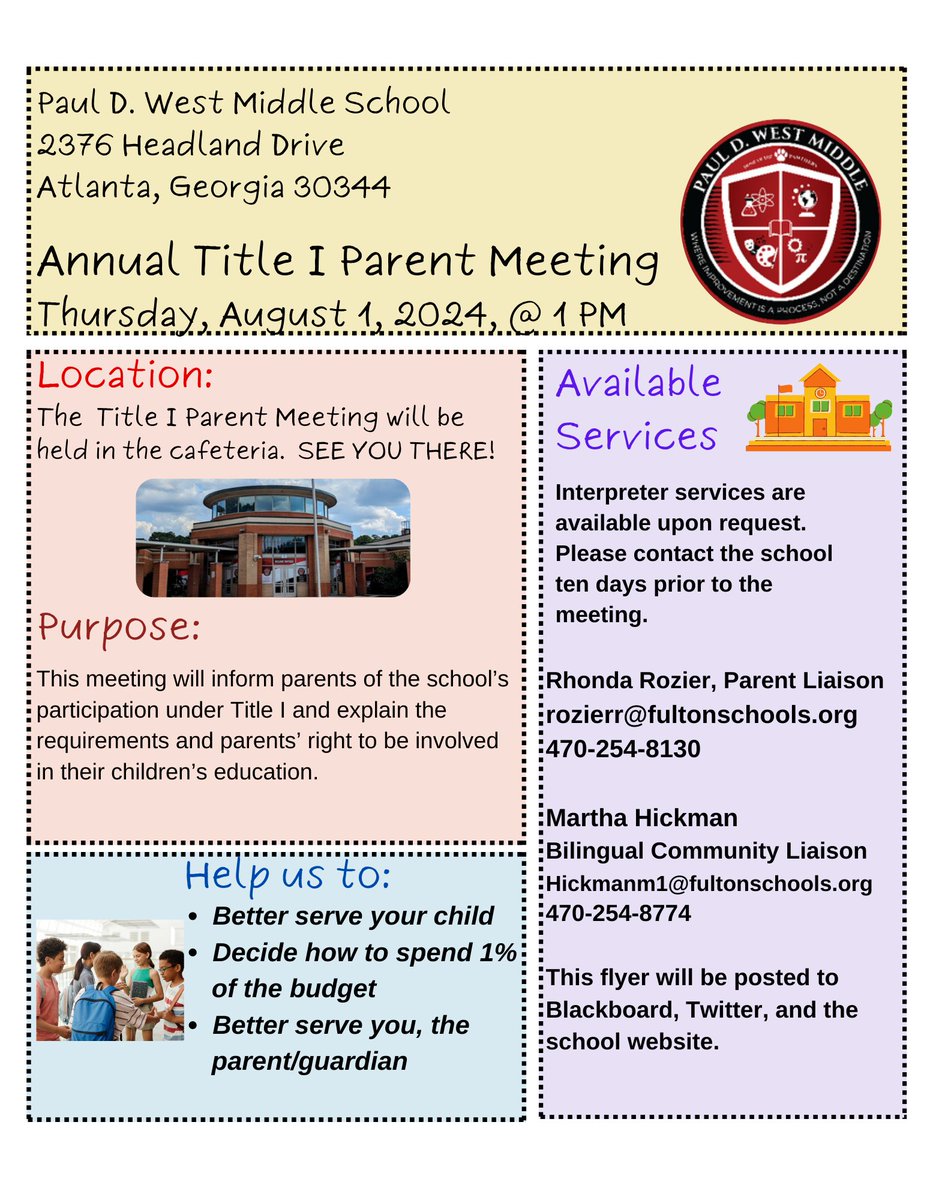 Hello <a href="/PaulDWestMiddle/">Paul D. West Middle</a> Parents/Guardians and the greater East Point Community <a href="/cityofeastpoint/">East Point</a> please join us on August 1, 2024, at 1:00 p.m.  for our Annual Title I meeting... <a href="/LennetteJones/">Lennette Moore</a> <a href="/APRagland/">Tracee Ragland</a> @dixson <a href="/dajmlinc/">Lorna Dixson</a>