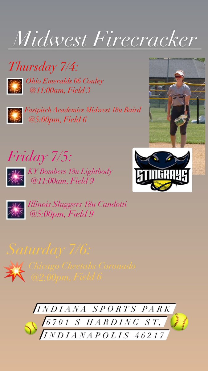 Emma Lohri 2025 (@emma_122025) on Twitter photo Schedule for 4th of July weekend!! Getting back to work at the Midwest Firecracker! 🧨💥🥎
<a href="/CoachDWittSB/">Dan Davis</a> <a href="/Ash_Goodwin24/">APG</a> <a href="/shelbymiller198/">Shelby Miller</a> <a href="/coachmaribriggs/">Mari Briggs</a> <a href="/Coach_Henery/">Adriene Henery</a> <a href="/WheelingU_SB/">Wheeling University Softball</a> <a href="/ONUSoftball/">ONU Softball</a> <a href="/ODU_Softball/">Ohio Dominican Softball</a> <a href="/IUSBsoftball/">IUSBsoftball</a> <a href="/SalemSoftball24/">Salem College Softball</a> Schedule for 4th of July weekend!! Getting back to work at the Midwest Firecracker! 🧨💥🥎
<a href="/CoachDWittSB/">Dan Davis</a> <a href="/Ash_Goodwin24/">APG</a> <a href="/shelbymiller198/">Shelby Miller</a> <a href="/coachmaribriggs/">Mari Briggs</a> <a href="/Coach_Henery/">Adriene Henery</a> <a href="/WheelingU_SB/">Wheeling University Softball</a> <a href="/ONUSoftball/">ONU Softball</a> <a href="/ODU_Softball/">Ohio Dominican Softball</a> <a href="/IUSBsoftball/">IUSBsoftball</a> <a href="/SalemSoftball24/">Salem College Softball</a>
