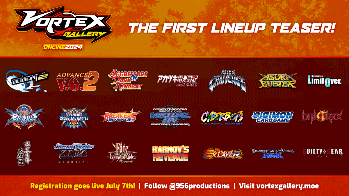 956Productions's tweet photo. Presenting your first peek at the Vortex Gallery Online 2024 lineup!

Look forward to a mix of global and regional tournaments for returning favorites and new jams when registration opens this Saturday!

Post up &amp; let us know what games you're most hype for!
#VGOn24🍁 https://t.co/TWvFf4GQas