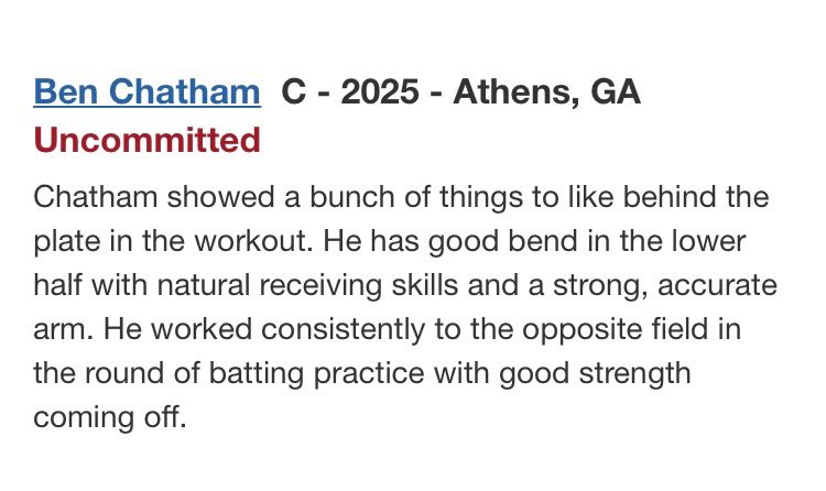 Ben Chatham (@benchatham4) on Twitter photo Thank you <a href="/PGShowcases/">PG Showcases</a> for recognizing me as a top 15 prospect from the WWBA workout showcase! Looking forward to finishing the summer strong! <a href="/Matt_Smith1730/">Matt Smith</a> <a href="/PACSBaseball/">PACS Wolverine Baseball</a> <a href="/GeorgiaJackets/">Georgia Jackets</a> Thank you <a href="/PGShowcases/">PG Showcases</a> for recognizing me as a top 15 prospect from the WWBA workout showcase! Looking forward to finishing the summer strong! <a href="/Matt_Smith1730/">Matt Smith</a> <a href="/PACSBaseball/">PACS Wolverine Baseball</a> <a href="/GeorgiaJackets/">Georgia Jackets</a>