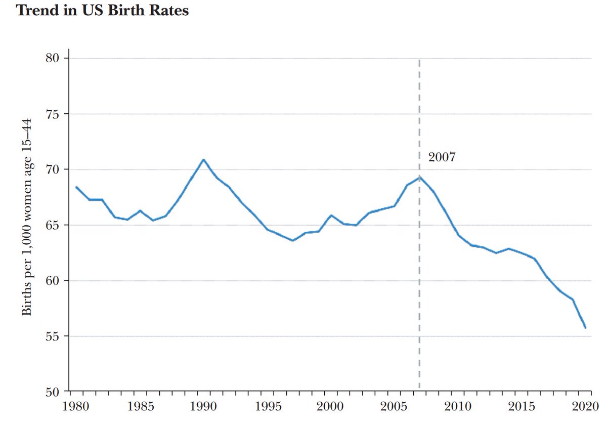 cremieuxrecueil's tweet image. The U.S. experienced a discontinuity in fertility alongside the Great Financial Crisis.

After it, fertility rates changed from relative stability to a continuous downturn.