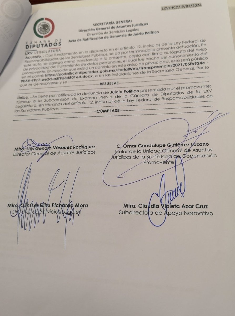 La dirección de asunto jurídicos de la <a href="/SEGOB_mx/">Gobernación</a> ratificó ante la cámara de <a href="/Mx_Diputados/">H. Cámara de Diputados</a> la denuncia de Juicio Político contra el juez Rodrigo de la Peza, quien ordenó al <a href="/TEPJF_informa/">Tribunal Electoral del PJF</a> nombrar a dos magistrados provisionales, extralimitándose del ámbito de su competencia, a