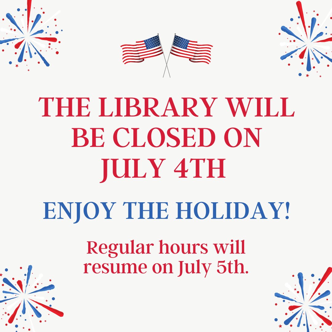 The library will be closed on Thursday, July 4th. You can access digital resources when the library is closed via the library's website:
metuchenlibrary.org